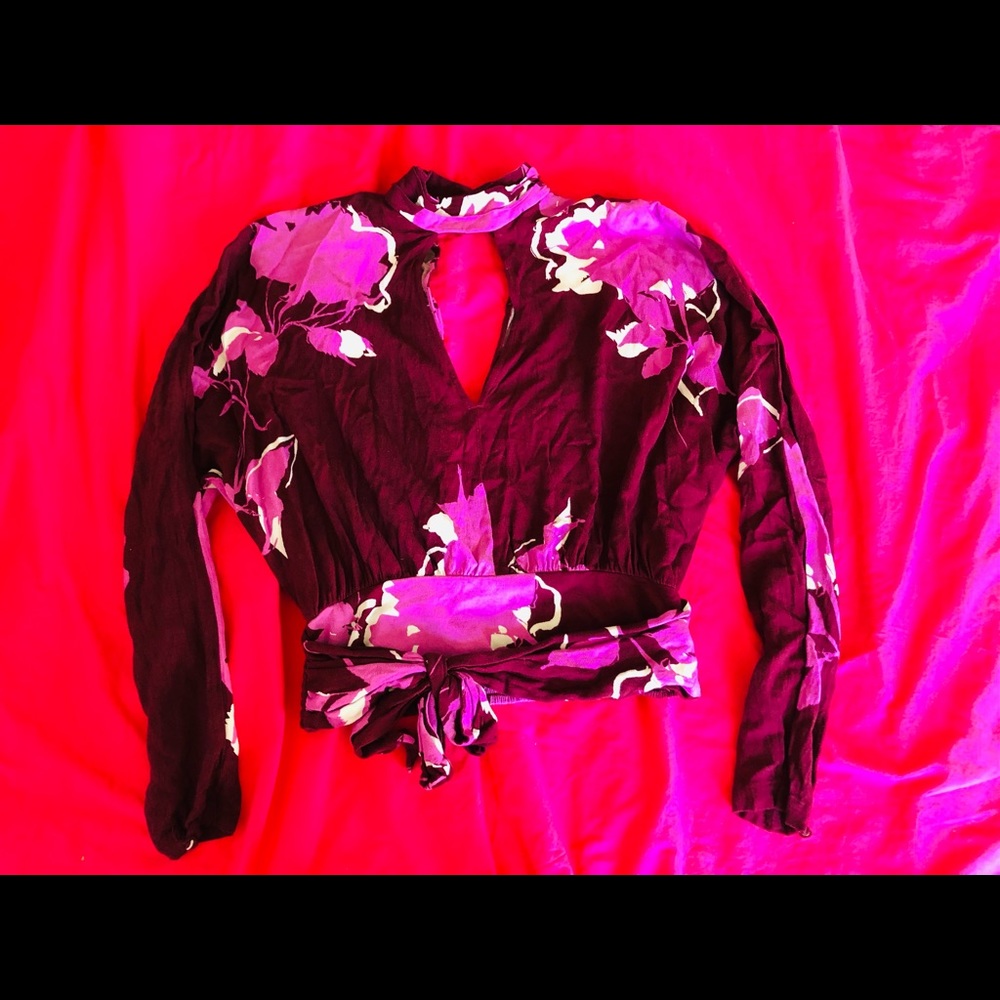 Free People Purple Floral Top with Keyhole Design in Front